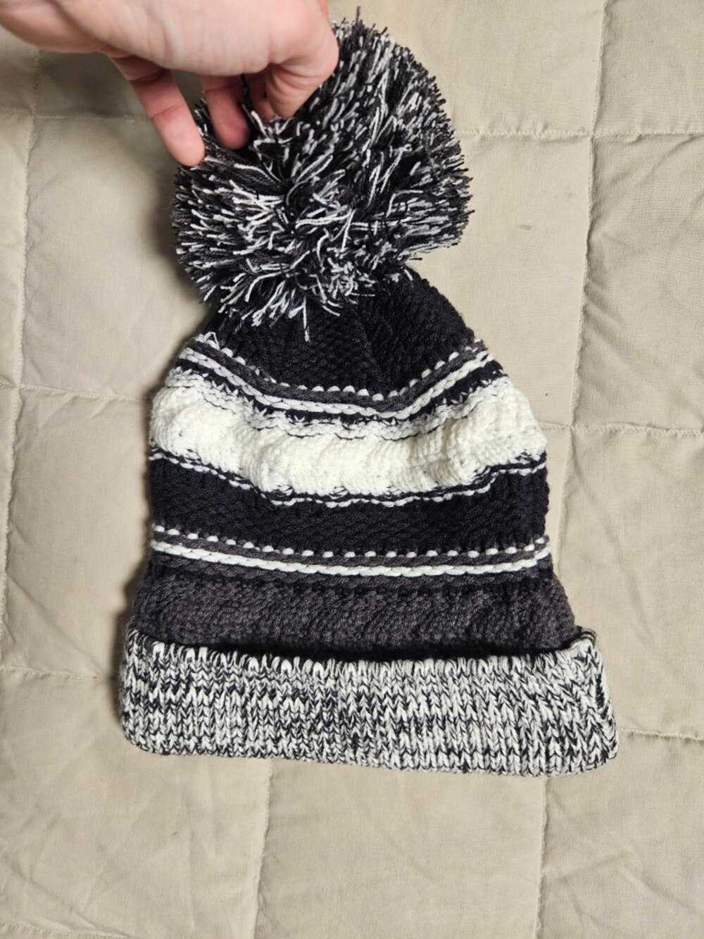Knit Pom Pom Beanie Black White Striped HPN 22 Embroidered Winter Hat